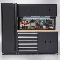 Datona Werkbank - Werktafel met Kasten - Veelzijdige Opbergruimte - Staal & Eikenhout - 220 x 60 x 200 - Zwart
