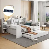 MODFU Uitschuifbaar bed, kinderbed, tienerbed, 140x200 cm, met bureau, boekenkast, planken en opbergruimte, met stopcontact, wit, zonder matras