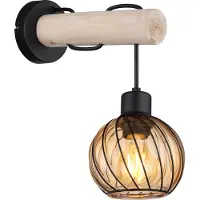 Globo Lighting Wandlamp houten lamp glazen kap ronde wandlamp amber glas woonkamerlamp hout glas amber, metaal, E27 fitting, LxBxH 27x13x30 cm
