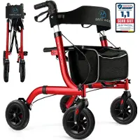 Safe Age Rollator lichtgewicht en opvouwbaar - Rubberen wielen - zitfunctie - voor binnen en buiten - Rugleuning en wandelstok houder - Rood