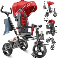 Kidiz Loopfiets Driewieler 5in1 Kinderfiets kinderdriewielerfiets 1 jaar vooruit en achteruit Jogger , mand tas drinkhouder zonnekap rubberen wielen, buggy fiets baby opvouwbaar driewielfiets - Rood