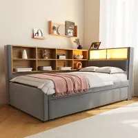 OKWISH Bedframe 90x200 cm – Met opbergruimte en 2 USB-aansluitingen – Van spaanplaat en MDF – Modern grijs