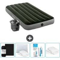 Intex luchtbed - 1 persoon - 99 x 191 x 25 cm - Groen - Inclusief pomp - Spanlakenset - Kussen - Reparatieset en kussentrek