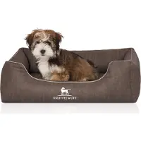 Knuffelwuff orthopedisch hondenbed Tampa van met laser gestikt kunstleer M-L 85 x 63 cm bruingrijs