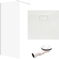 Badland SET Inloopdouche 80x195 + Douchebak 80x80 - Vierkant, transparant gehard nano-glas, wit, steenlook, SMC, inclusief sifon | KETIL VIDAR