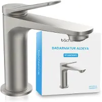 Bächlein badkamerkraan Aldeya in modern design, ééngreepsmengkraan met duurzame keramische cartouche en installatieset, badkamerkraan geborsteld roestvrij staal