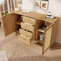 STILVORA Dressoir - Rattanlook Met 4 Laden En 2 Deuren - Verstelbare Planken Voor Woonkamer En Hal - Hout - 140x40x86 Cm - Licht Eiken