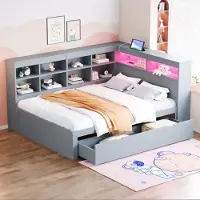 OKWISH Slaapbank, dagbed 140x200 cm met opbergruimte, jeugdbed met USB-aansluiting en LED-lichtbalk, slaapbank met inlegplanken en opbergvakken, grijs, inclusief matras