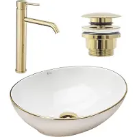 REA Sofia Opzetwastafel White Wit + Wastafelkraan Lungo High Goud + Kurk Goud