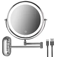 Goliving Make-up Spiegel met verlichting - Ø25 cm - 10-voudige vergroting - Dimbaar LED scheerspiegel - USB-C oplaadbaar - Dubbelzijdig - 27x27 cm - Chroom
