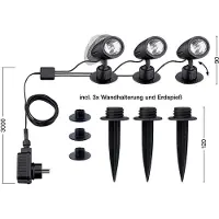 Trango 3-vlam 3076-353 IP44 LED tuinspot *JOE* buitenlamp incl. 3x 3 watt LED module lamp 3000K warm wit & voedingskabel vijverlamp, tuinlicht, padverlichting, wandlamp