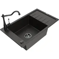 Mexen Elias granieten spoelbak 1-kompartment met afdruiprek en keukenkraan Carla, zwart/goud metallic - 6511-75-670700-70-B