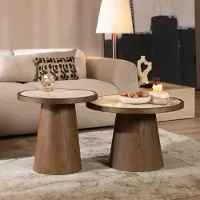 Bronx Salontafels Mae set van 2 Ø50 en Ø62 cm travertin/rustiek eiken