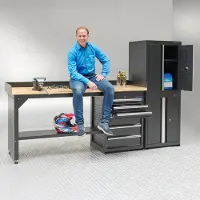 Datona Werkbank 200 cm 2 kast deuren 1 kast lades bamboe - Zwart