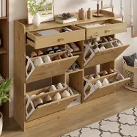 STILVORA Schoenenkast - Smal Met 4 Klepdeuren En 2 Laden - Voor Hal En Entree - Spaanplaat - Naturel - 110x26x100 Cm