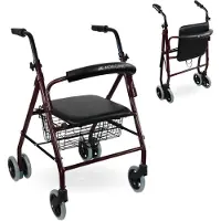 Mobiclinic Prado - Rollator - Looprek met 4 wielen - Stoel en Rugleuning - Opvouwbare en Verstelbare in Hoogte - Lichtgewicht - Aluminium - Zitting en mandje - Drukremmen - Bordeaux