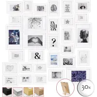 Bomoe Emotion Set van 30 Fotolijsten Houten Frames - kunststof glas - 10x 10,5x15cm / 15x 13x18cm / 5x 20x30cm - Metalen Ophanging - Standaard & Passepartout - Wit