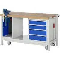 RAU Werkbank model 8185, verrijdbaar, neerlaatbaar, met kast en schuifladen, B 1500 x D 700 x H 880 mm