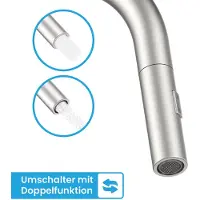 Bächlein Keukenkraan Kocuso 360 graden draaibaar (geborsteld roestvrij staal) - Eenhandige keukenkraan van roestvrij staal met uittrekbare slang en sproeier met omschakelknop, kraan voor de keuken