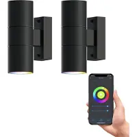 Calex Slimme Up & Down LED Wandlamp – Set van 2 Stuks - Zwart – RVS - Smart Buitenlamp – App bedienbaar – Voor binnen en Buiten