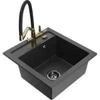 Mexen Vito granieten spoelbak 1-komers met Duo keukenkraan, zwart gesprenkeld - 6503-76-671701-57-B
