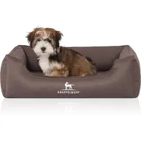 Knuffelwuff orthopedisch waterafstotend hondenbed Leon van velours met handgeweven karakter M-L 85 x 63cm grijsbruin