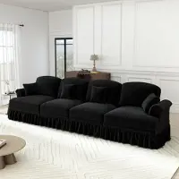 STILVORA Bankstel 4-Zits – Afneembare Rok Voor Twee Looks – Modulaire Opstelling Met Hocker – Voor Woonkamer – Chenille – Zonder Matras – Zwart