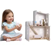 Navaris houten poppenhuis met accessoires - 2 verdiepingen met speelgoed meubels - Poppen huis met 2 kamers en balkon - 57 x 45 x 22,5 cm - Doll house