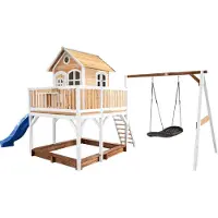 Axi Liam Speelhuis op palen, zandbak, nestschommel & blauwe Glijbaan | Speelhuisje voor de tuin / buiten in bruin & wit van hout | Speeltoestel voor kinderen