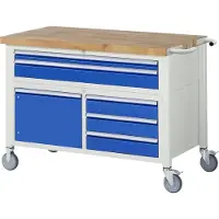 RAU Werkbank serie 8922, verrijdbaar, 5 schuifladen, 2 legborden met deur, B 1250 x D 700 x H 880 mm