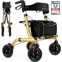 Safe Age Rollator lichtgewicht en opvouwbaar - zitfunctie - voor binnen en buiten - Rugleuning en wandelstok houder - Goud