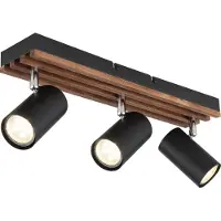 Globo Lighting spotlamp, metaal zwart mat, hout donkerbruin, metaal zwart mat, draaibaar en kantelbaar, afmetingen: 410x80x125mm, uitsteeklengte: 125mm, exclusief 3x GU10 25W 230V lampen
