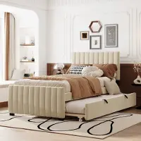 Sweiko -Gestoffeerd bed 90 x 190 cm met uitschuifbaar bed- vlak eenpersoonsbed in huidvriendelijke fluwelen stof- kinderbed- jeugdbed- logeerbed (beige)- zonder matras