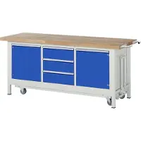 RAU Werkbank Serie 8569, neerlaatbaar, 3 schuiflades, 2 legborden met deur