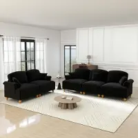 STILVORA Modulaire Bankset 3- En 2-Zits – Afneembare Ruches Voor 2 Stijlen – Flexibel Met Hocker Voor Woonkamer – Chenille – Zonder Kussensloop – Zwart
