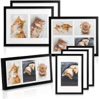 Bomoe fotolijsten set van 7- houten fotolijst met passe-partout & kunststof glazen lijst voor foto's 1x 4 foto's 1 x 3 foto's 2 x 2 foto's 3 x 1 foto - Zwart - Galeria