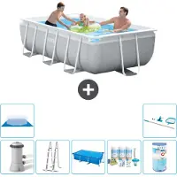 Intex Rechthoekig zwembad met frame – 300 x 175 x 80 cm – Grijs – inclusief pomp, ladder, zonnescherm, onderhoudspakket, filter, bodemzeil en reinigingsset