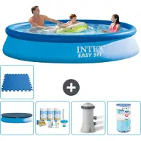 Intex Rond Opblaasbaar Easy Set Zwembad - 366 x 76 cm - Blauw - Inclusief Afdekzeil - Onderhoudspakket - Zwembadfilterpomp - Filter - Vloertegels - 6-delig