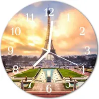 Tulup Wandklok - Eiffeltoren Decoratieve Glazen Klok - 30fi cm - Veelkleurig Glazen Wandklok Design - Witte Handen - Ronde Wandklok - Glazen Klok Met Print - Wandklok Glas Met Motief