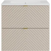 Vente-unique Zwevend badkamermeubel met visgraatmotief en inbouwwastafel - Beige - 60 cm - DORIONI
