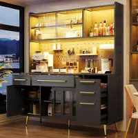 STILVORA dressoir met LED-verlichting, hoge kast met prikbord, lade en glazen deur, geschikt voor keuken en woonkamer, opbergkast, zwart