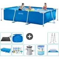 Intex Rechthoekig Frame Zwembad - 300 x 200 x 75 cm - Blauw - Inclusief Solarzeil - Onderhoudspakket - Zwembadfilterpomp - Filter - Grondzeil - Solar Mat - Ladder - Voetenbad - 9-delig