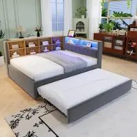 OKWISH : Beklede bed, Uitschuifbed 140x200, Uitschuifbed 90x190, met LED-verlichting, lades en veel opbergruimte, Flanel, met matras, Donkergrijs