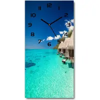 Tulup Wandklok - Tropisch eiland Wandklok Glas Met Motief - 30x60 cm - Blauw Decoratieve Glazen Klok - Zwarte handen - Rechthoekige Klok - Gekleurde Glazen Klok - Glazen Klok Met Print