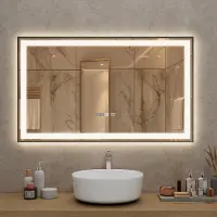 Puluomis Badkamerspiegel - 100x60cm - Rechthoekig Zilver Metalen Frame - LED-verlichting - Tijd- en Temperatuurweergave - Ontwaseming