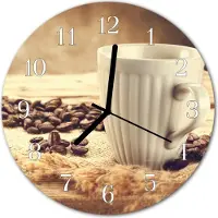 Tulup Wandklok - Koffie Wandklok Glas Met Motief - 30fi cm - Bruin Decoratieve Glazen Klok - Witte Handen - Ronde Wandklok - Gekleurde Glazen Klok - Glazen Klok Met Print