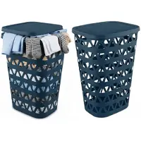 Curver Wasmand met deksel - 2x - ventilatiegaatjes - blauw - kunststof - 55 ltr - 42 x 34 x 60 cm