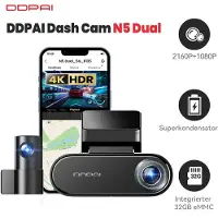 DDPai N5 dubbele 4K-dashcam voor en achter, 2160p+1080p autodashcam, GPS 5G wifi-dashcam, ingebouwde 32 GB eMMC, nachtzicht, ondersteunt 24-uurs parkeermodus, slimme app