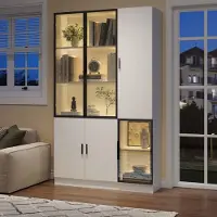OKWISH Vitrinekast Met Led-Verlichting - 120x35x200 Cm - 3 Glazen Deuren Met Aluminiumframe - 10 Opbergvakken - Spaanplaat Wit