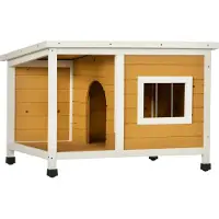 PawHut Paws hondenhok met veranda, scharnierend dak, raam, verstelbare poten, natuurlijk hout, oranje, 85,5 x 62 x 60 cm